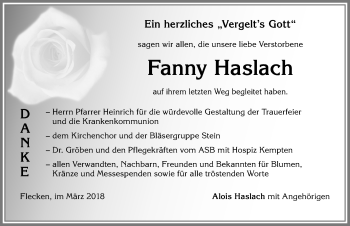 Traueranzeige von Fanny Haslach von Allgäuer Anzeigeblatt