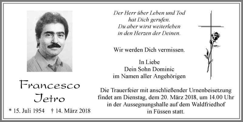  Traueranzeige für Francesco Jetro vom 17.03.2018 aus Allgäuer Zeitung, Füssen