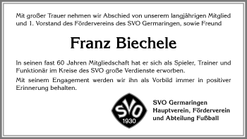 Traueranzeige von Franz Biechele von Allgäuer Zeitung, Kaufbeuren/Buchloe
