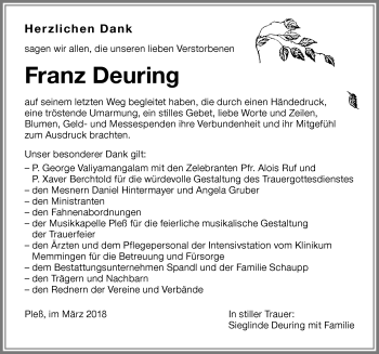 Traueranzeige von Franz Deuring von Memminger Zeitung