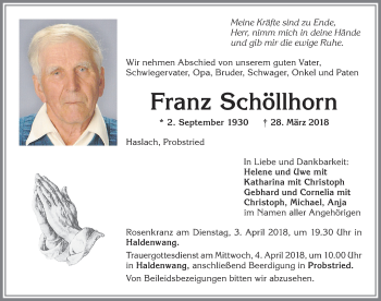Traueranzeige von Franz Schöllhorn von Allgäuer Zeitung,Kempten