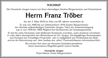 Traueranzeige von Franz Tröber von Allgäuer Zeitung, Kaufbeuren/Buchloe