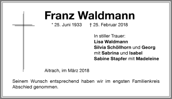 Traueranzeige von Franz Waldmann von Memminger Zeitung