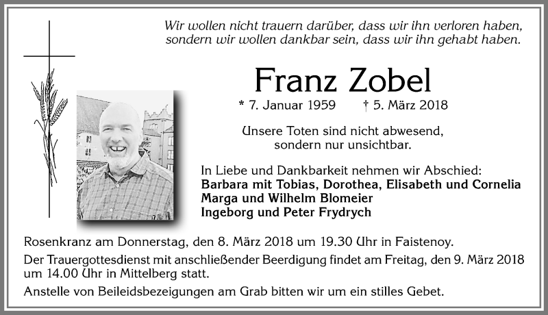  Traueranzeige für Franz Zobel vom 07.03.2018 aus Allgäuer Zeitung,Kempten