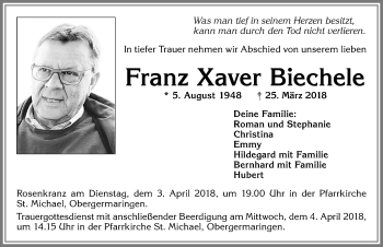 Traueranzeige von Franz Xaver Biechele von Allgäuer Zeitung, Kaufbeuren/Buchloe