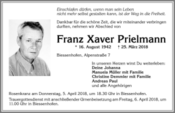 Traueranzeige von Franz Xaver Prielmann von Allgäuer Zeitung, Kaufbeuren/Buchloe