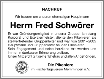 Traueranzeige von Fred Schwörer von Memminger Zeitung