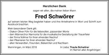 Traueranzeige von Fred Schwörer von Memminger Zeitung