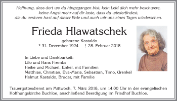 Traueranzeige von Frieda Hlawatschek von Allgäuer Zeitung, Kaufbeuren/Buchloe