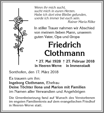 Traueranzeige von Friedrich Clothmann von Allgäuer Anzeigeblatt