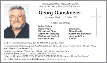 Traueranzeige von Georg Ganslmeier von Allgäuer Zeitung, Kaufbeuren/Buchloe