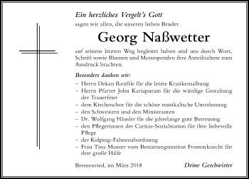 Traueranzeige von Georg Naßwetter von Der Westallgäuer