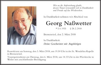 Traueranzeige von Georg Naßwetter von Der Westallgäuer