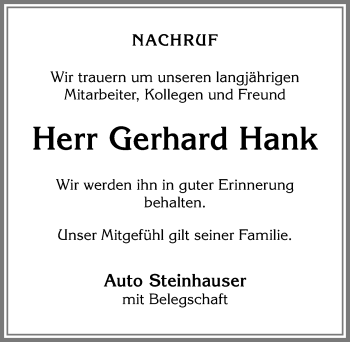 Traueranzeige von Gerhard Hank von Allgäuer Zeitung,Kempten