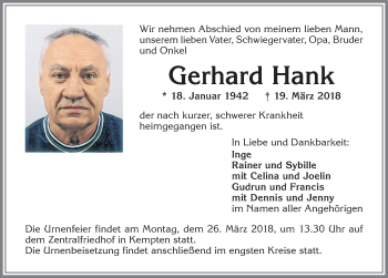 Traueranzeige von Gerhard Hank von Allgäuer Zeitung,Kempten