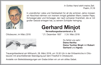 Traueranzeige von Gerhard Minjot von Memminger Zeitung