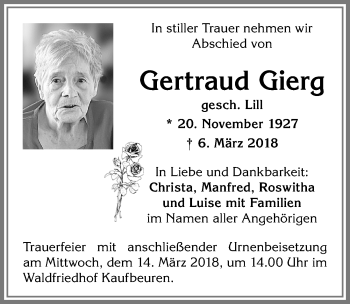 Traueranzeige von Gertraud Gierg von Allgäuer Zeitung, Kaufbeuren/Buchloe