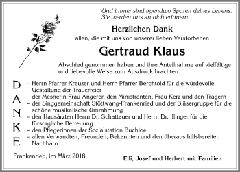 Traueranzeige von Gertraud Klaus von Allgäuer Zeitung, Kaufbeuren/Buchloe