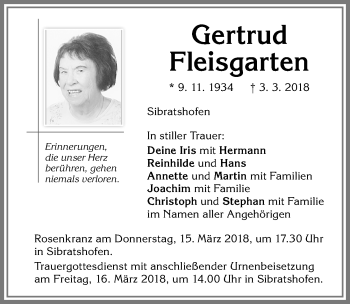 Traueranzeige von Gertrud Fleisgarten von Allgäuer Zeitung,Kempten