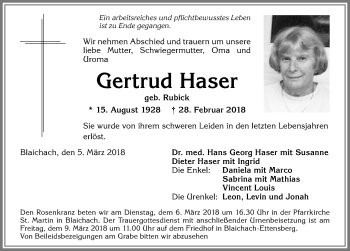 Traueranzeige von Gertrud Haser von Allgäuer Anzeigeblatt