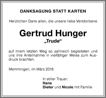 Traueranzeige von Gertrud Hunger von Memminger Zeitung