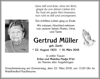 Traueranzeige von Gertrud Müller von Allgäuer Zeitung, Kaufbeuren/Buchloe