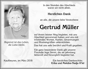 Traueranzeige von Gertrud Müller von Allgäuer Zeitung, Kaufbeuren/Buchloe