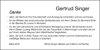 Traueranzeige von Gertrud Singer von Allgäuer Zeitung