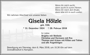 Traueranzeige von Gisela Hölzle von Allgäuer Zeitung,Kempten