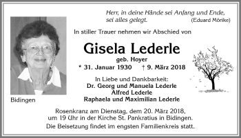 Traueranzeige von Gisela Lederle von Allgäuer Zeitung, Marktoberdorf