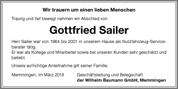 Traueranzeige von Gottfried Sailer von Memminger Zeitung