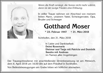 Traueranzeige von Gotthard Moser von Allgäuer Anzeigeblatt
