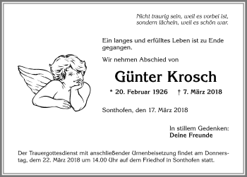 Traueranzeige von Günter Krosch von Allgäuer Anzeigeblatt