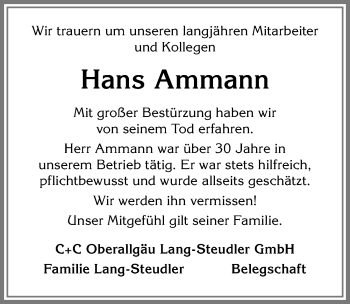 Traueranzeige von Hans Ammann von Allgäuer Zeitung