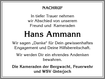Traueranzeige von Hans Ammann von Allgäuer Anzeigeblatt