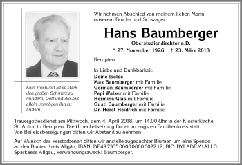 Traueranzeige von Hans Baumberger von Allgäuer Zeitung,Kempten