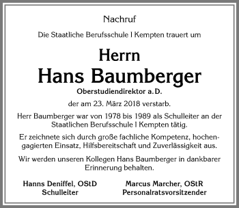 Traueranzeige von Hans Baumberger von Allgäuer Zeitung,Kempten