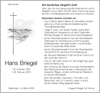 Traueranzeige von Hans Briegel von Der Westallgäuer