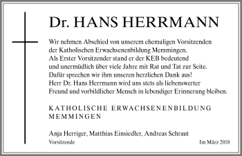 Traueranzeige von Hans Herrmann von Memminger Zeitung
