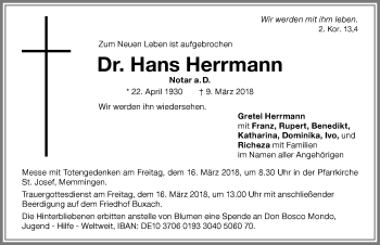 Traueranzeige von Hans Herrmann von Memminger Zeitung