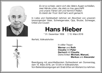 Traueranzeige von Hans Hieber von Memminger Zeitung