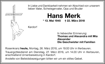 Traueranzeige von Hans Merk von Memminger Zeitung