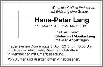 Traueranzeige von Hans-Peter Lang von Memminger Zeitung