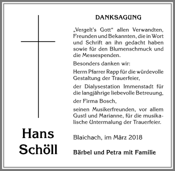 Traueranzeige von Hans Schöll von Allgäuer Anzeigeblatt