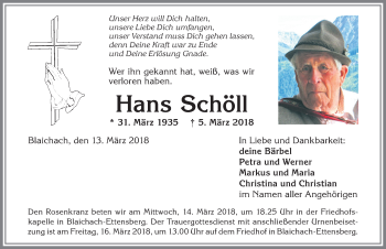 Traueranzeige von Hans Schöll von Allgäuer Anzeigeblatt