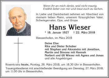 Traueranzeige von Hans Wieser von Allgäuer Zeitung