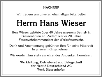 Traueranzeige von Hans Wieser von Allgäuer Zeitung