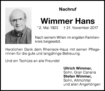 Traueranzeige von Hans Wimmer von Memminger Zeitung