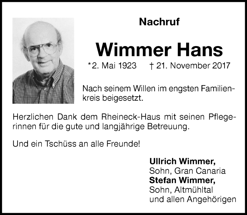  Traueranzeige für Hans Wimmer vom 01.03.2018 aus Memminger Zeitung