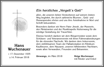 Traueranzeige von Hans Wuchenauer von Allgäuer Zeitung, Marktoberdorf